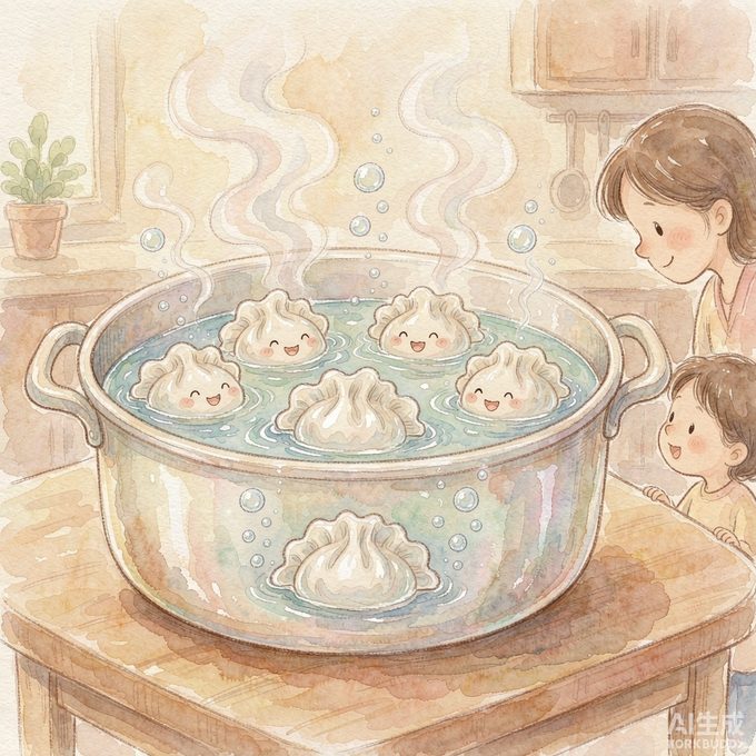 白白胖胖的饺子浮上来了，是谁在水底下偷偷托了它一把呀？