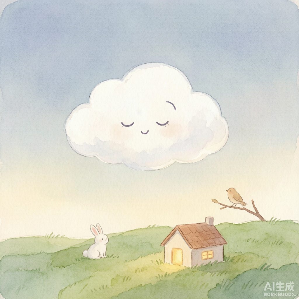 小云朵绵绵白白软软地飘在夜空,下面草地上有小兔子、小鸟和亮着灯的小窗