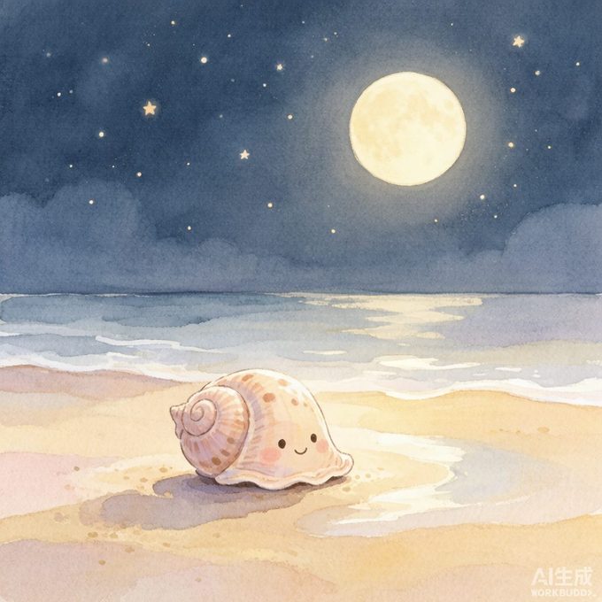 暖色调水彩绘本：小小的海螺贝贝趴在浅浅的沙滩上晒太阳，圆月与星点微光，温柔治愈